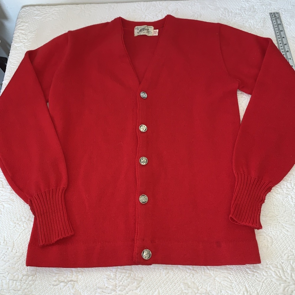 VINTAGE‎ Albion Sweater Mens Red 100% Virgin Wool Cardigan 60's Grandpa USA